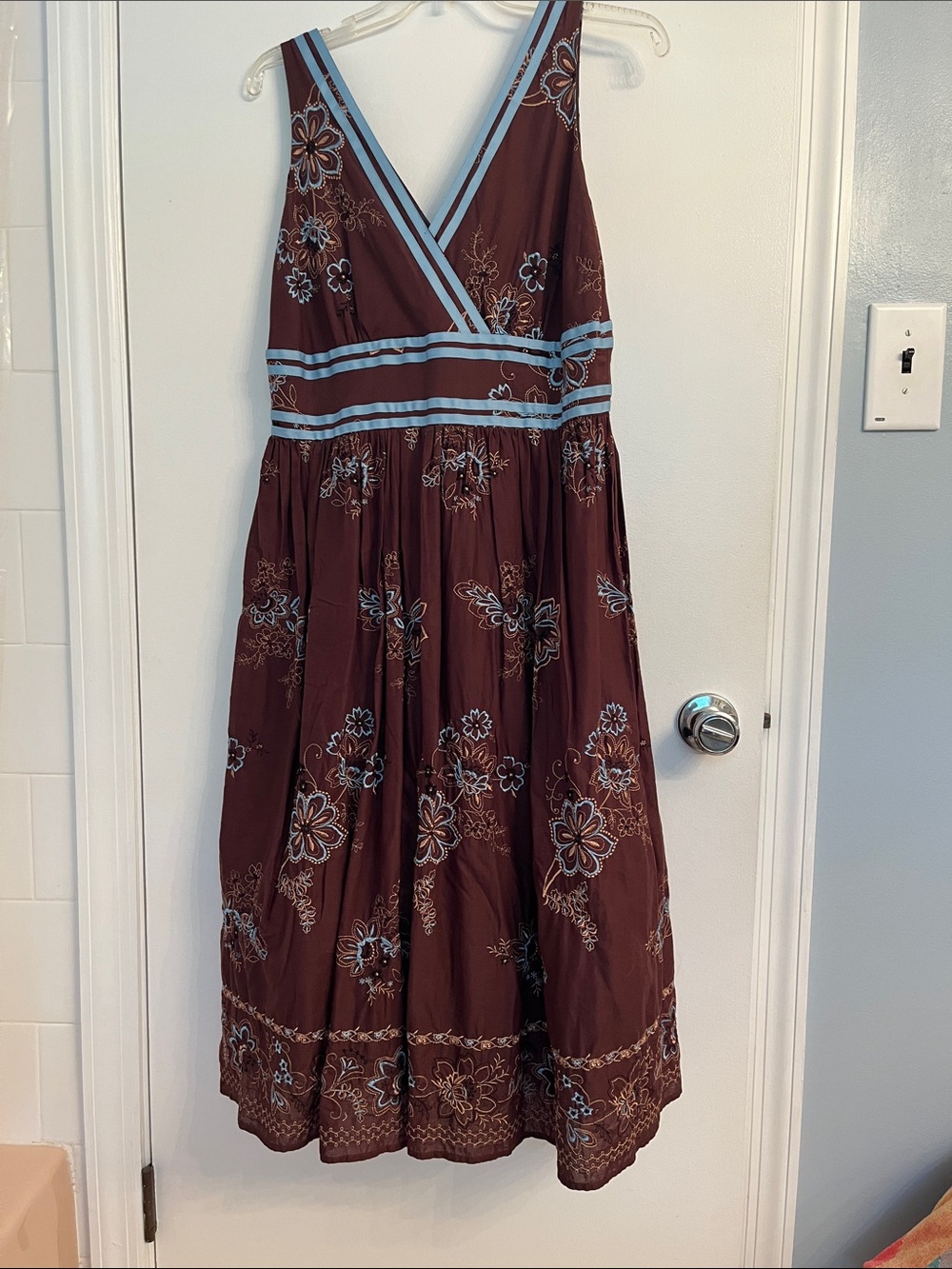 Signature Floral Embroidered Chocolate and Blue Sun dress